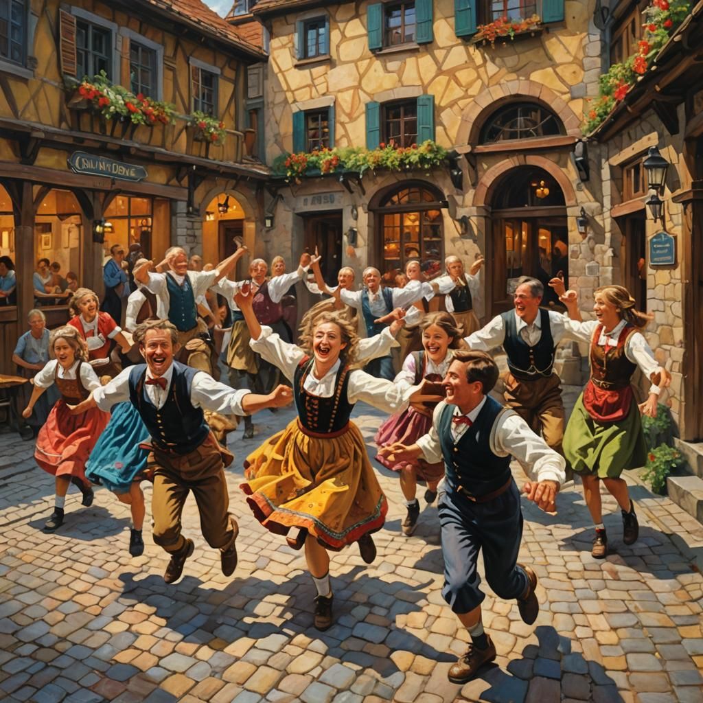 German Villagers Circle Dance in Oil Painting Style