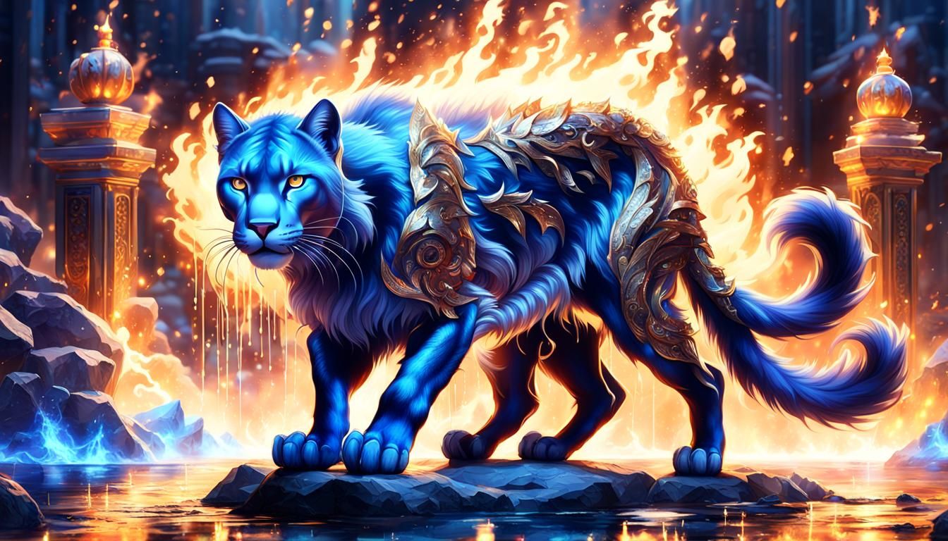 Elegant Crystal Puma with Fire Fountains, Fantasy Art