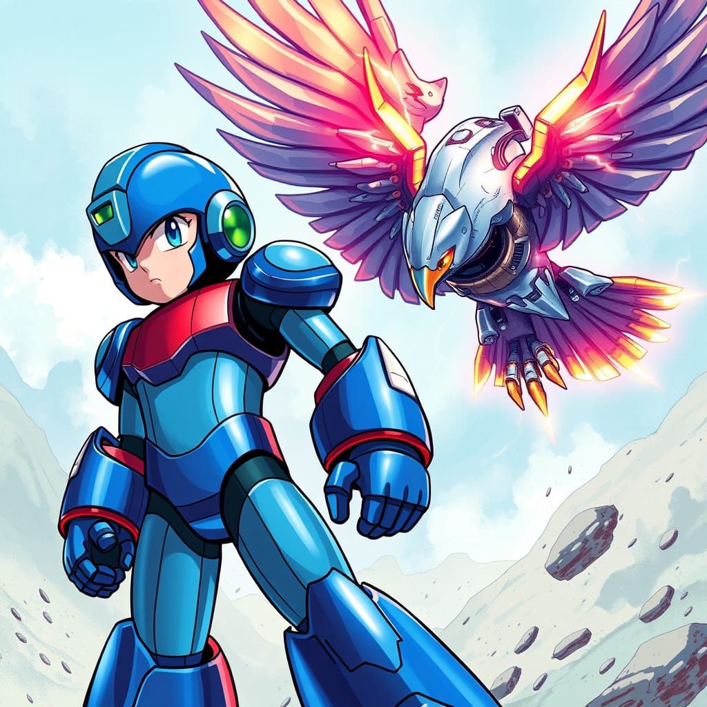 Mega Man vs Robotic Eagle in Futuristic Style