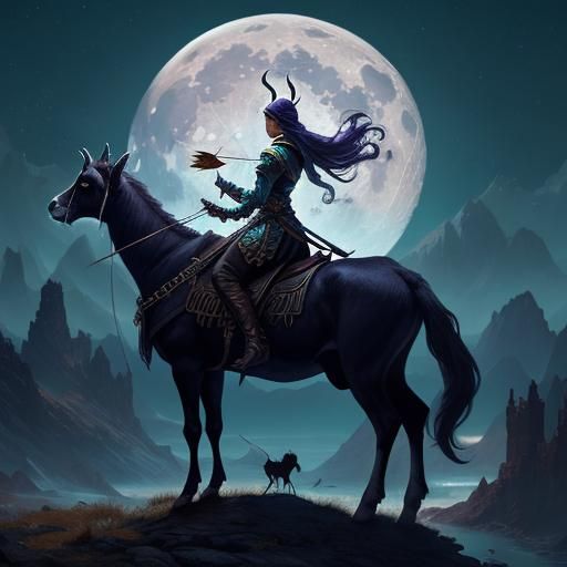 Aquarius Girl on Goat Under Full Moon
