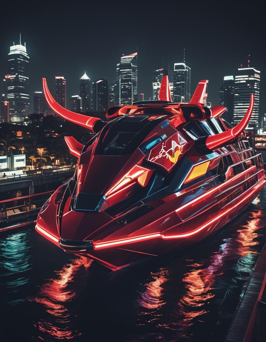 Futuristic Red Bull Cruise Boat at Night