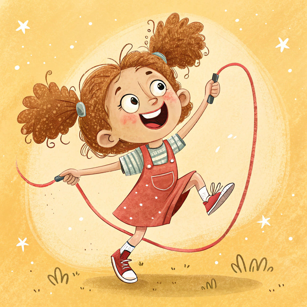 Joyful Girl Skipping Rope in Children's Book Style