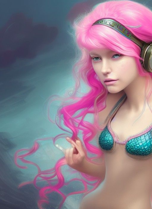 Mermaid with Pink Hair and Golden Headphones