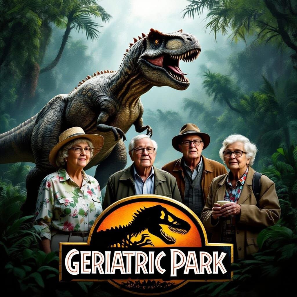 Jurassic Park Poster with Elderly Cast in Dramatic Lighting