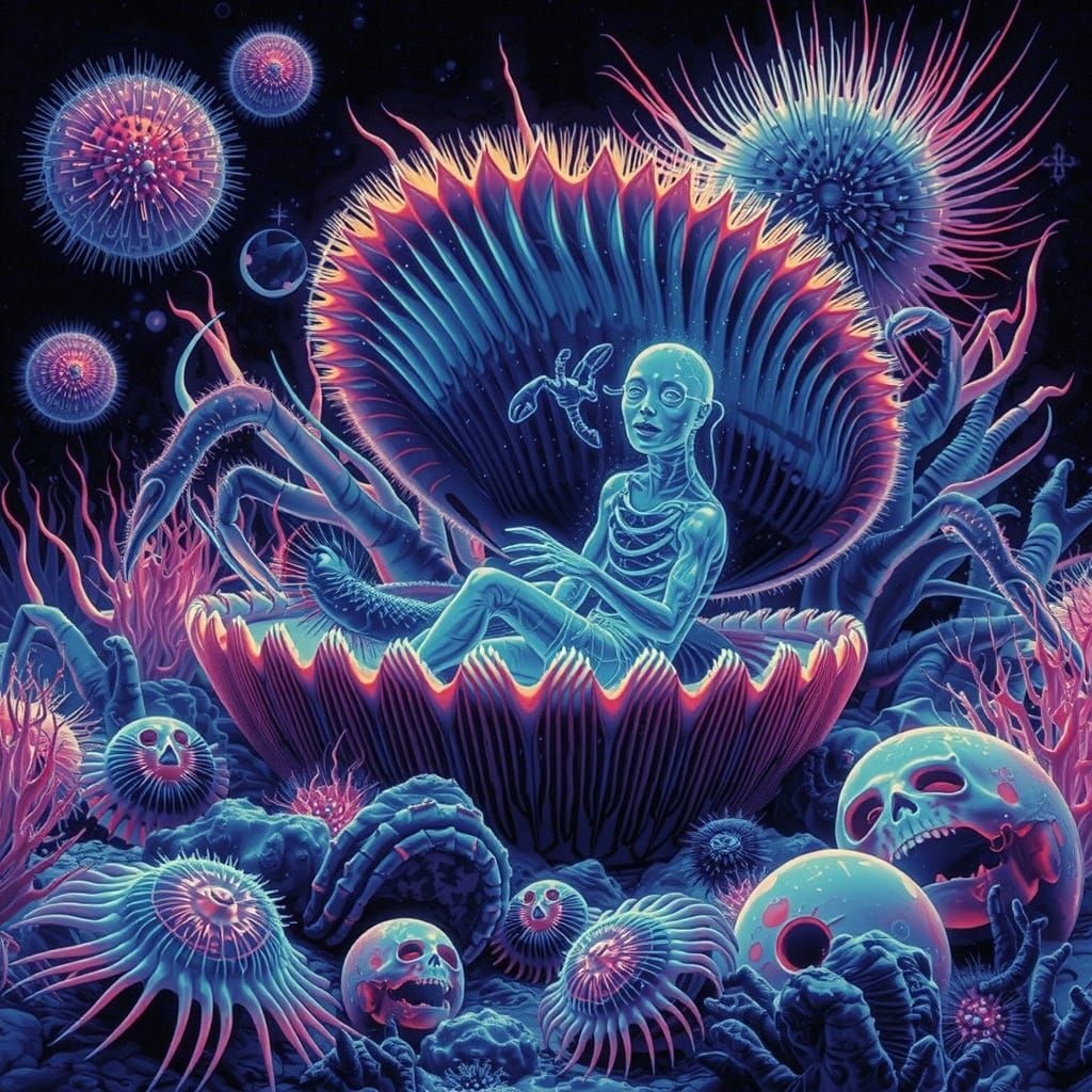 Surreal Pearl Diver Encounter in Holographic Qajar Art