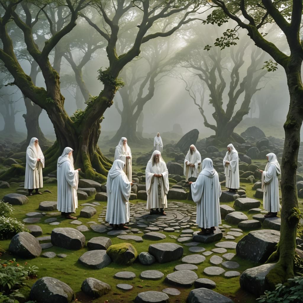Celtic Druids in Misty Stone Circle with Elves