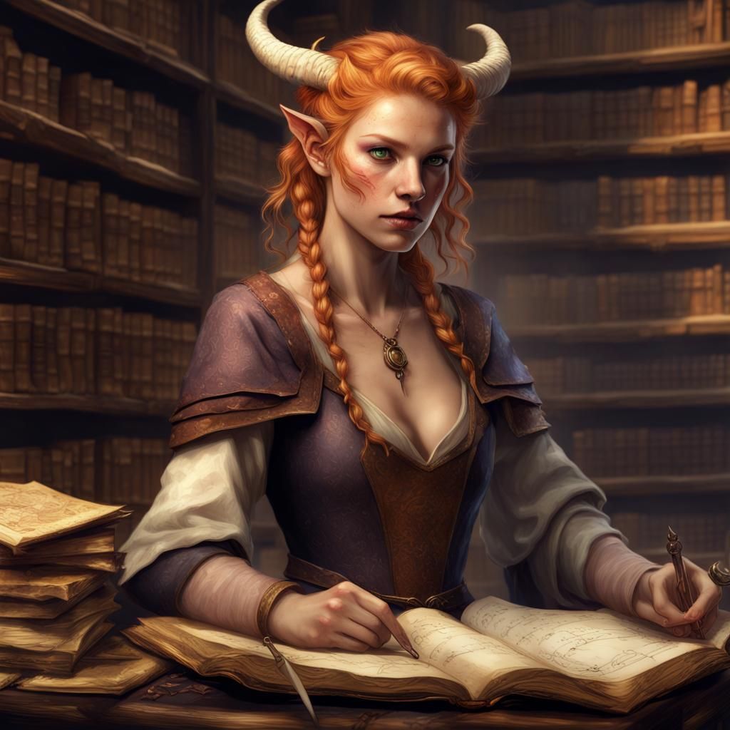 Tiefling Student in Library, Detailed Matte Painting
