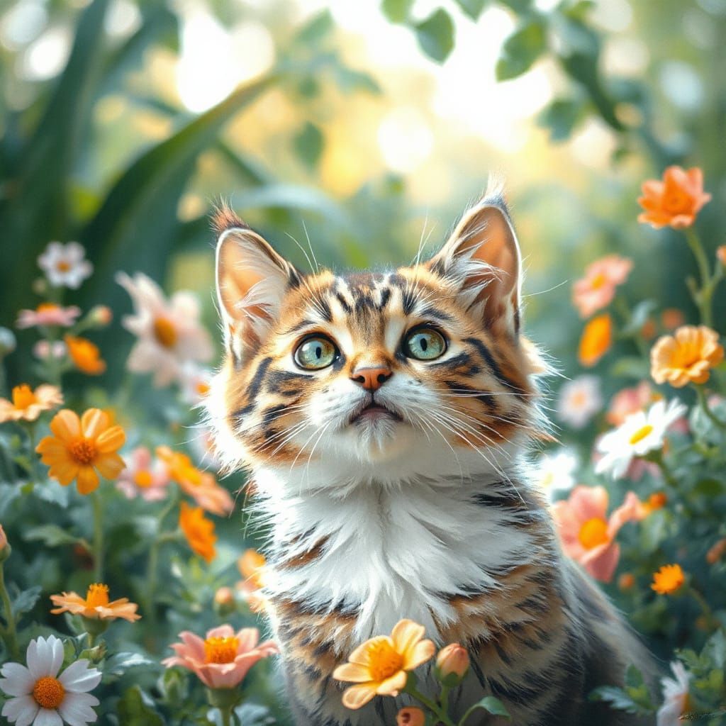 Whimsical Feline Emerges from Dreamy Watercolour Garden