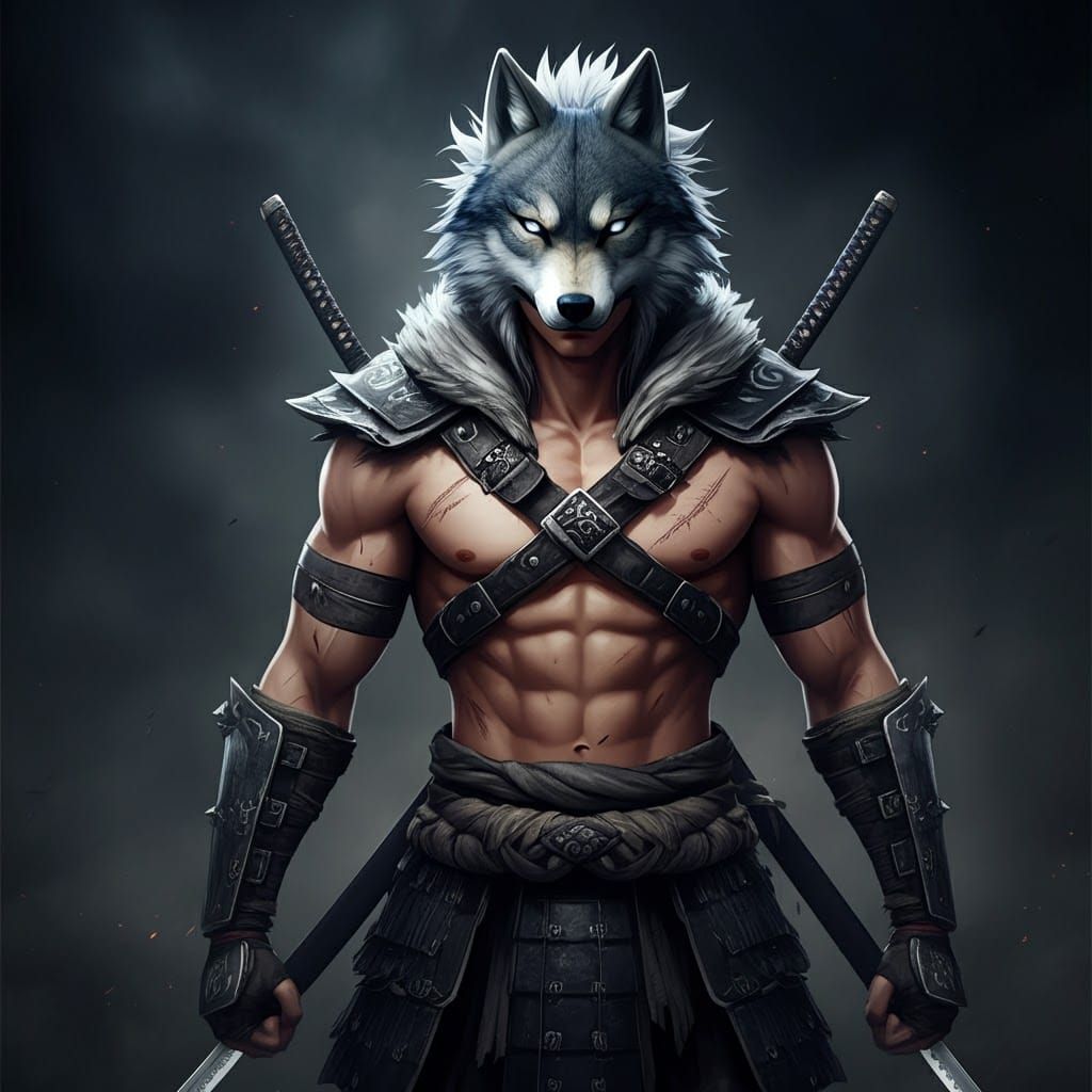 Kazuki: Young Warrior with Wolf Mask in Digital Art