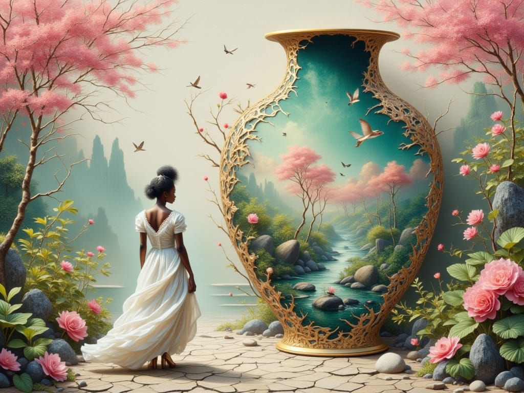 Elegant Woman Enters Magical Garden Portal