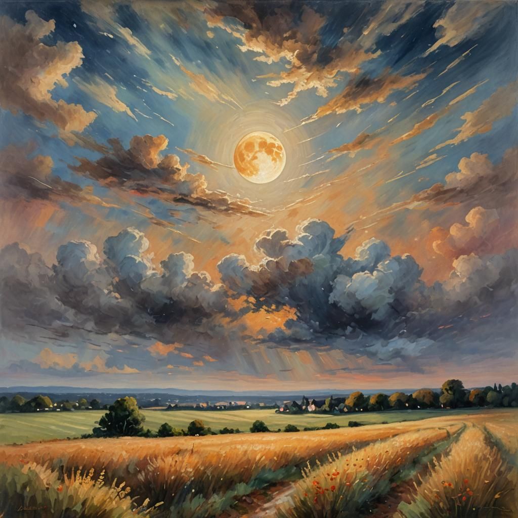 Glowing Harvest Moon in Impressionist Landscape