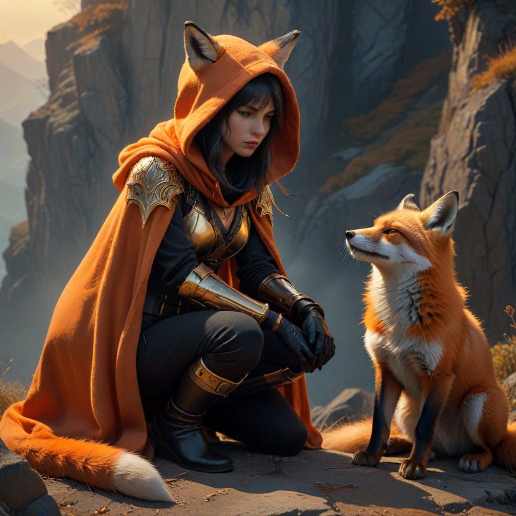 Surreal Anime Assassin Petting Fox in Golden Hour