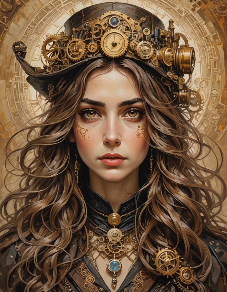 Steampunk Sorceress Portrait in Post-Impressionist Style