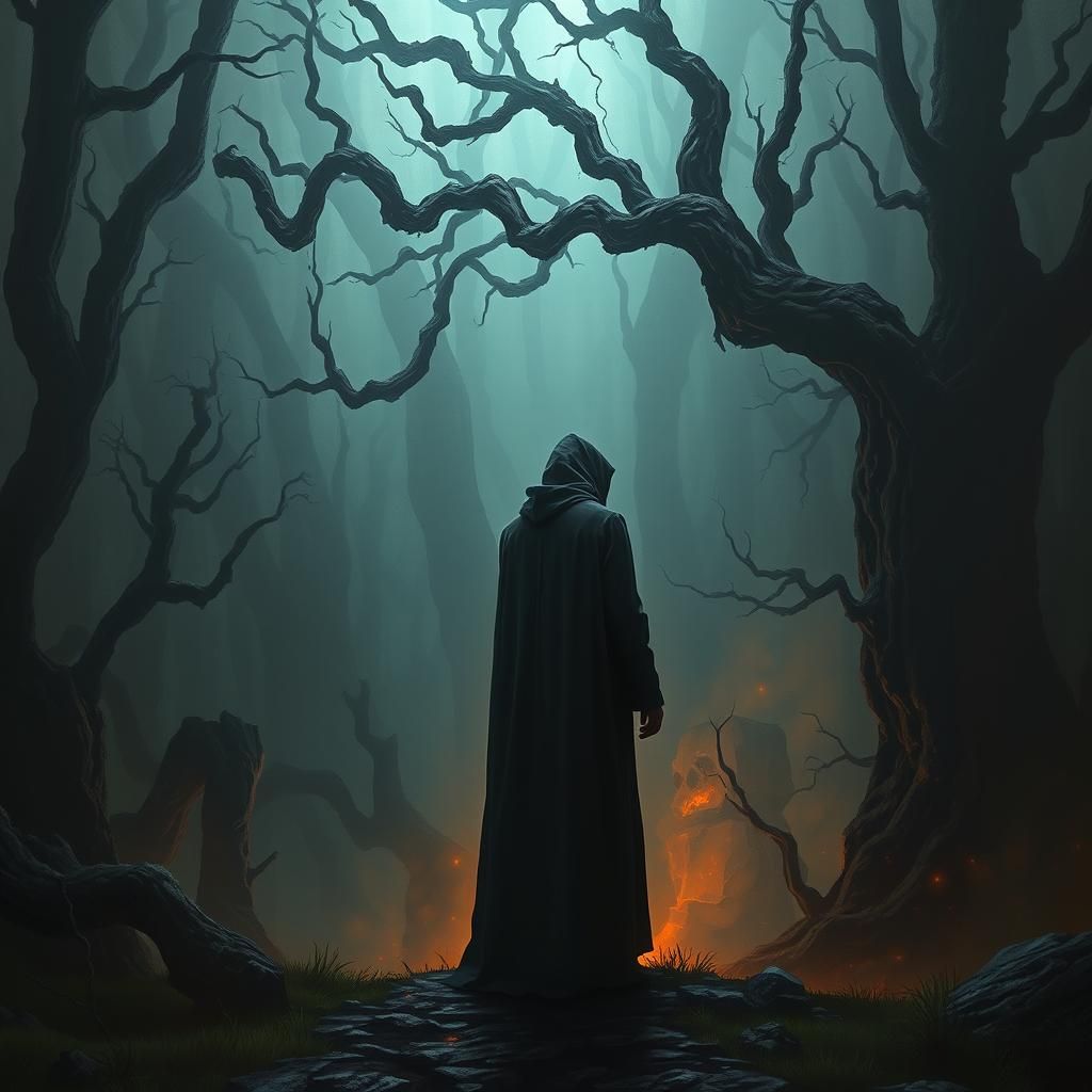 Ominous Figure in Mystical Forest, Digital Painting