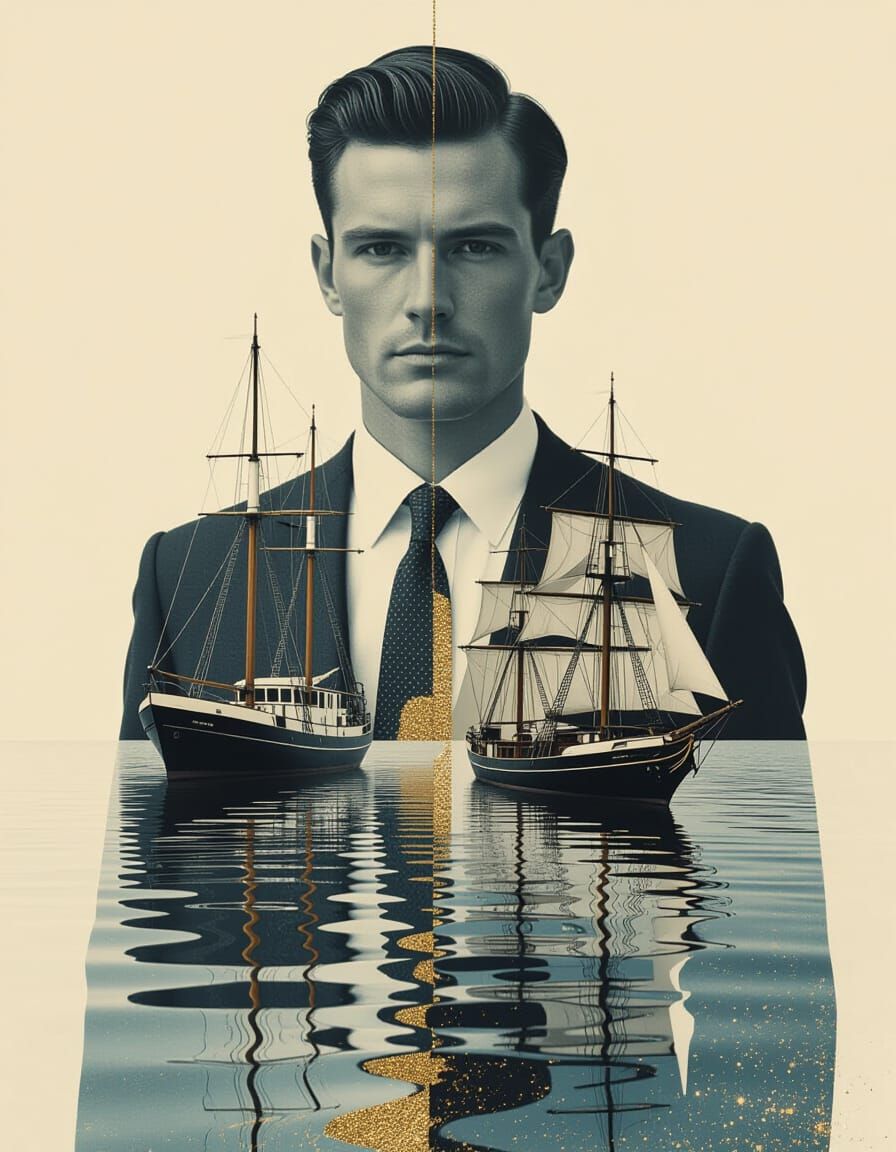 Surreal Harbor Man with Ships in Mixed Media Style