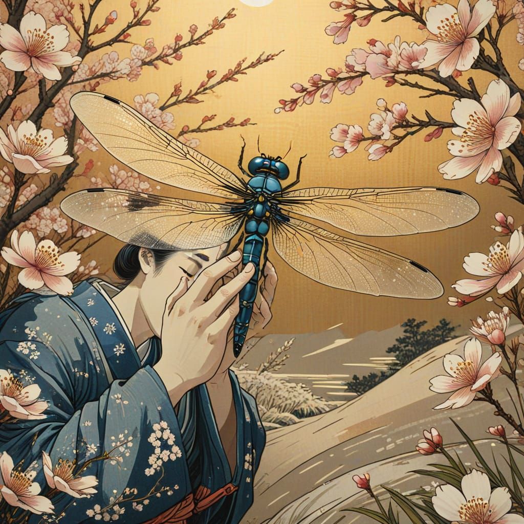 Dragonfly in Prayer: Ukiyo-e Woodblock Print