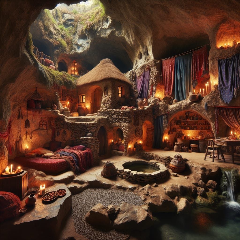 interior shot of an underground rock cavern home