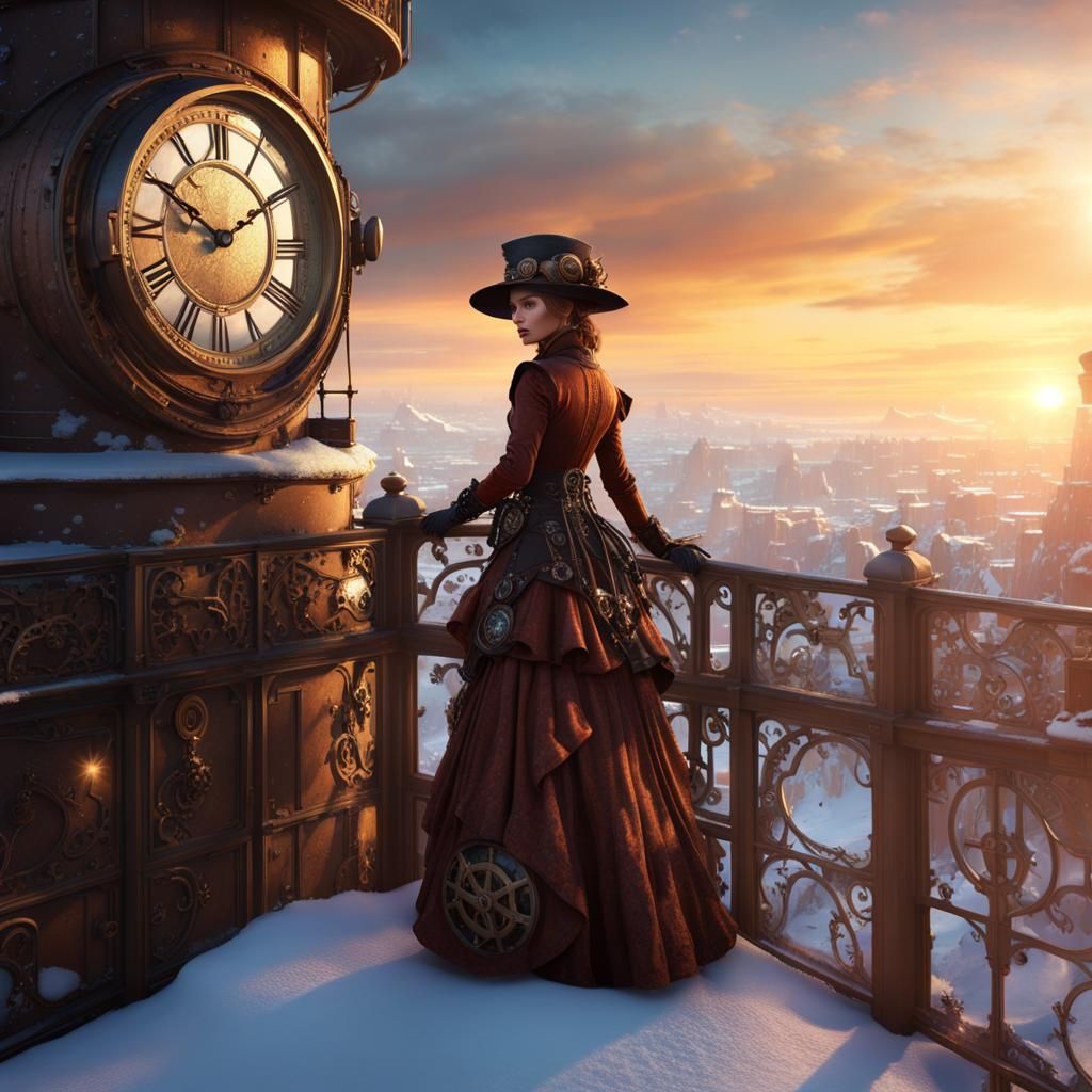 Steampunk Girl on Balcony Tower at Sunset