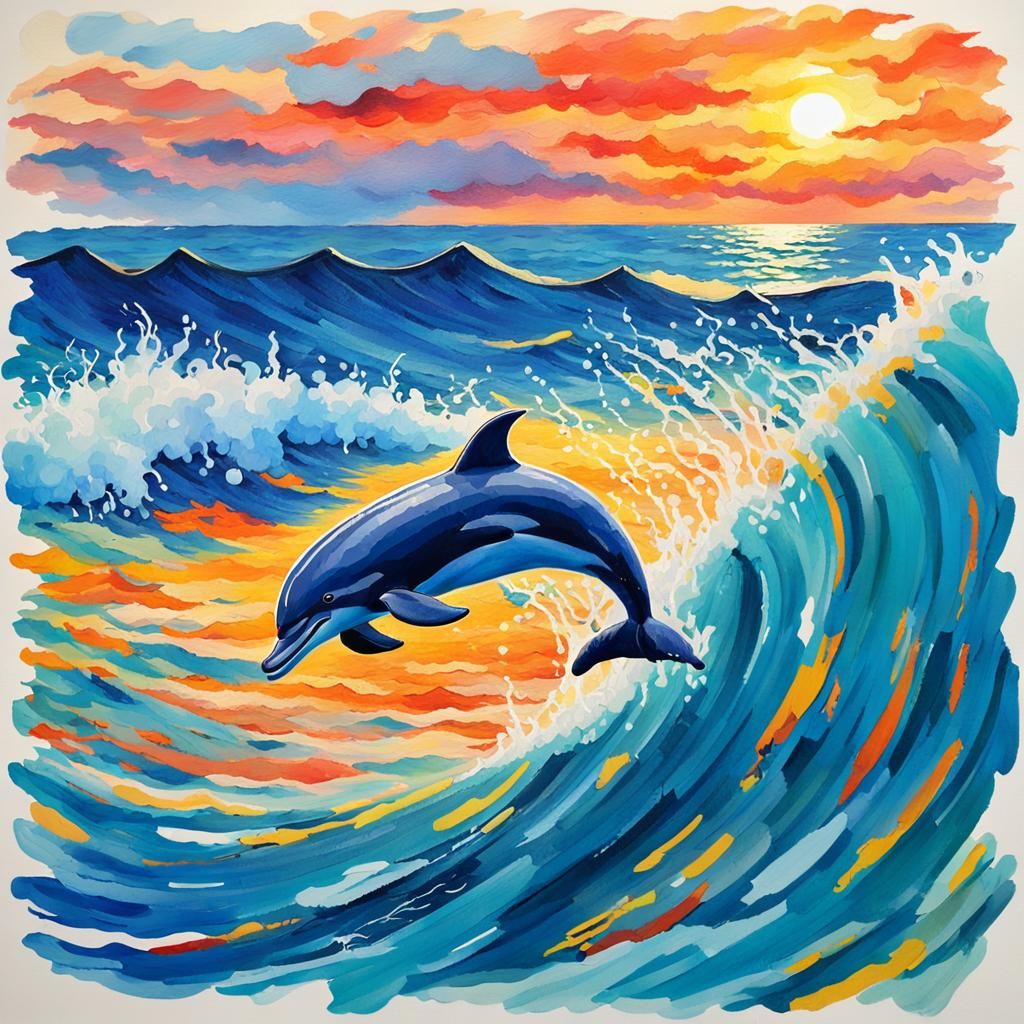 Dolphin Breaching at Sunset in Gouache Style