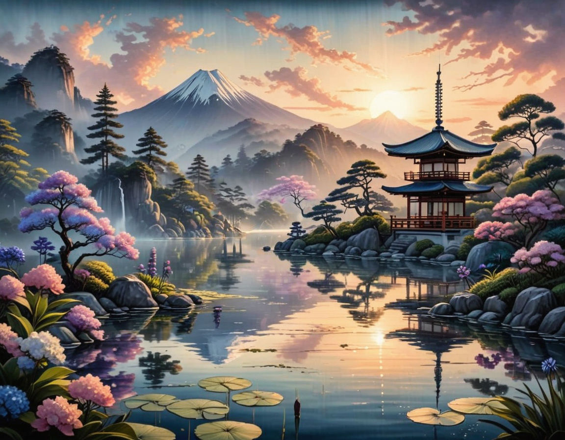 Elegant Pagoda in Japanese Ukiyo-e Garden Dreamscape