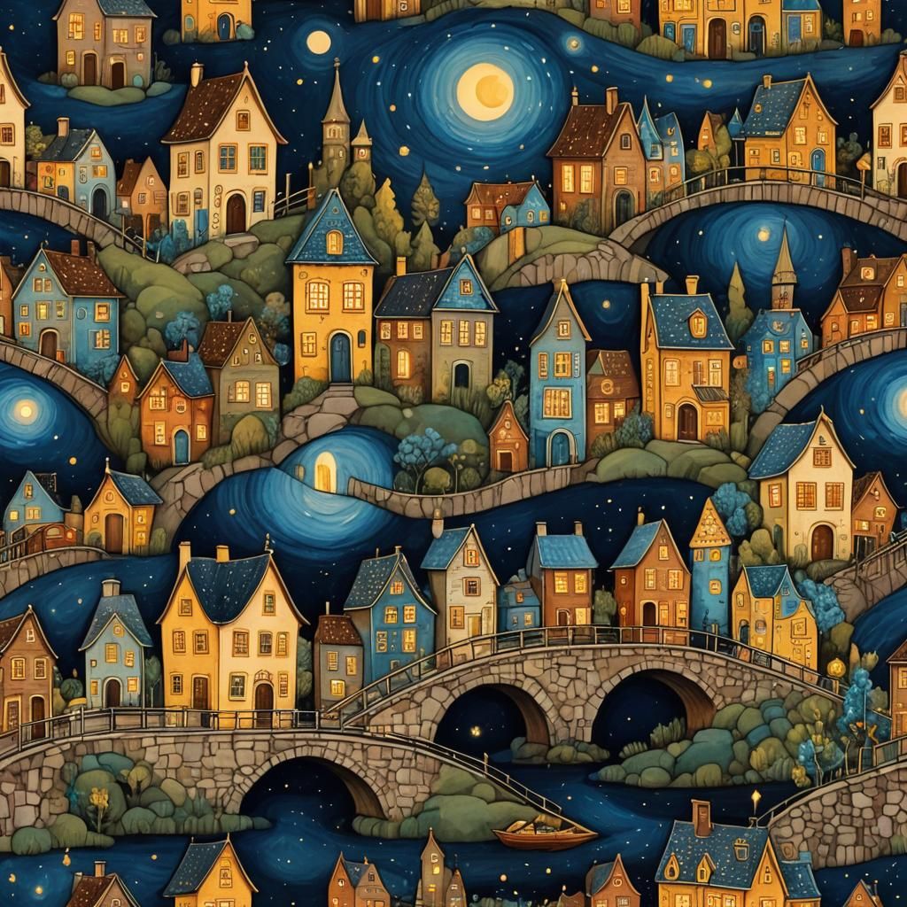 Bridge with Wacky Houses in Art Brut Style