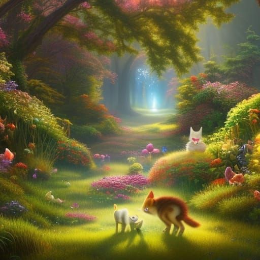 Whimsical Kittens Playing in Enchanted Forest Painting