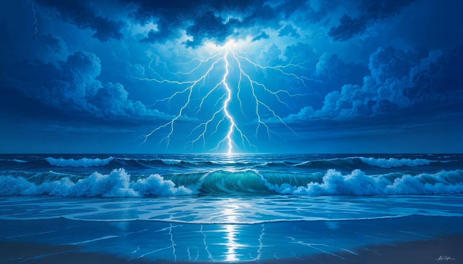 Dramatic Lightning Bolt Over Deep Blue Ocean at Night