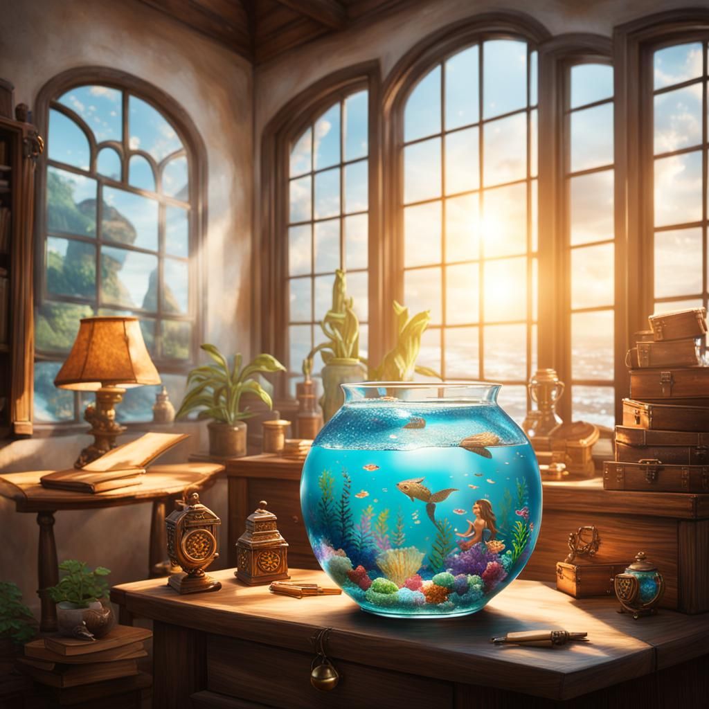 Mermaid in Fishbowl in Sunlit Study
