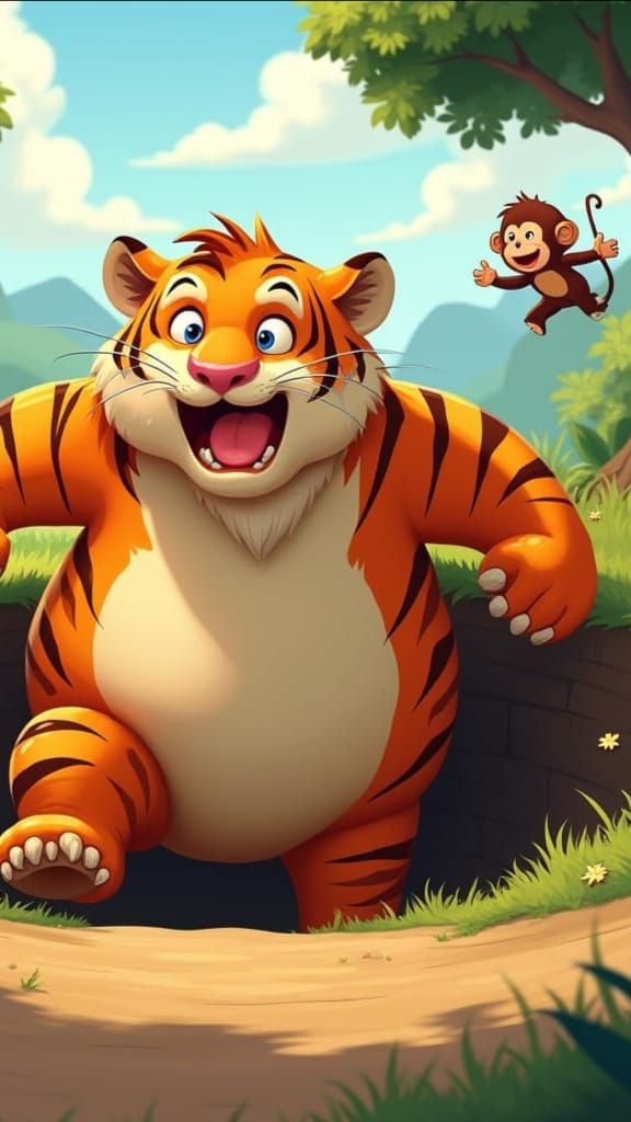 Tiger's Surprise: A Vibrant 3D Cartoon Scene