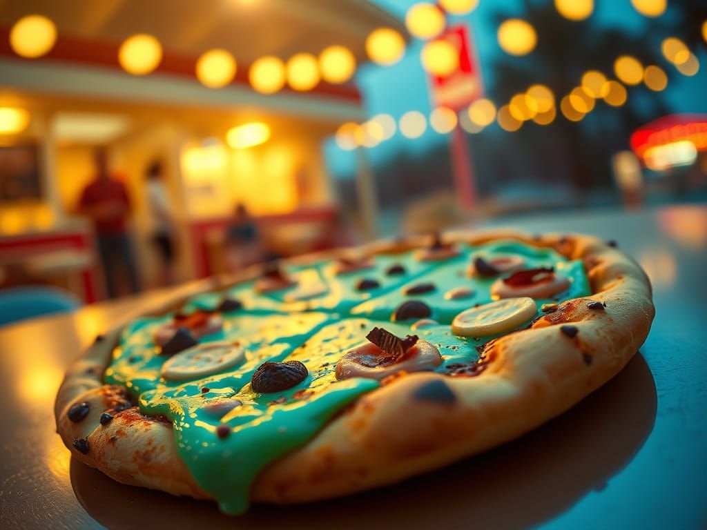 Turquoise Pizza with Swirly Bokeh, Cinematic Shot