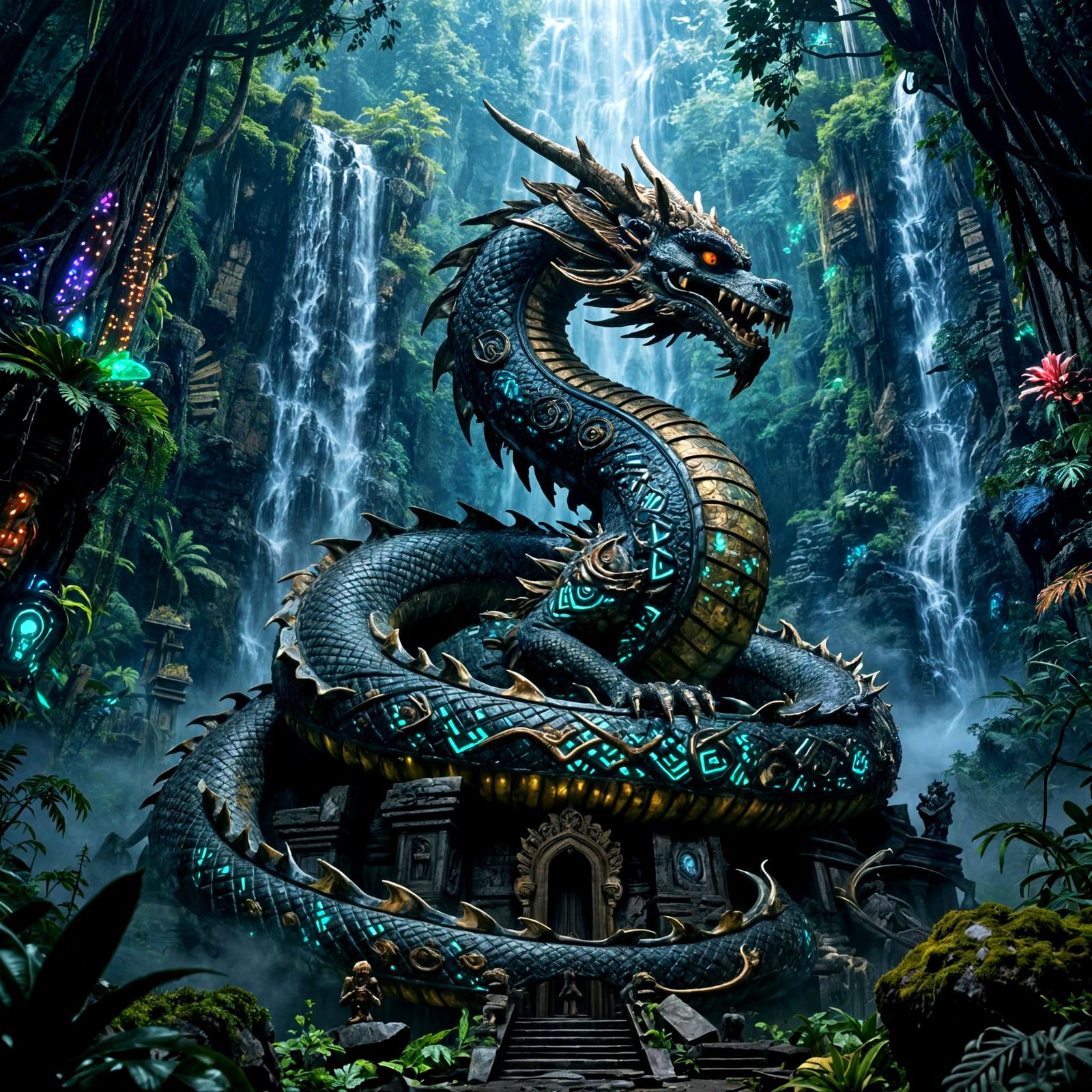 Ancient Dragon on Obsidian Temple in Bioluminescent Jungle