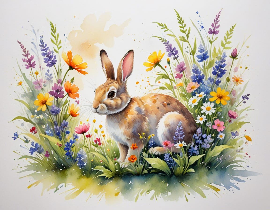 Playful Rabbit in Sunlit River Garden Watercolor