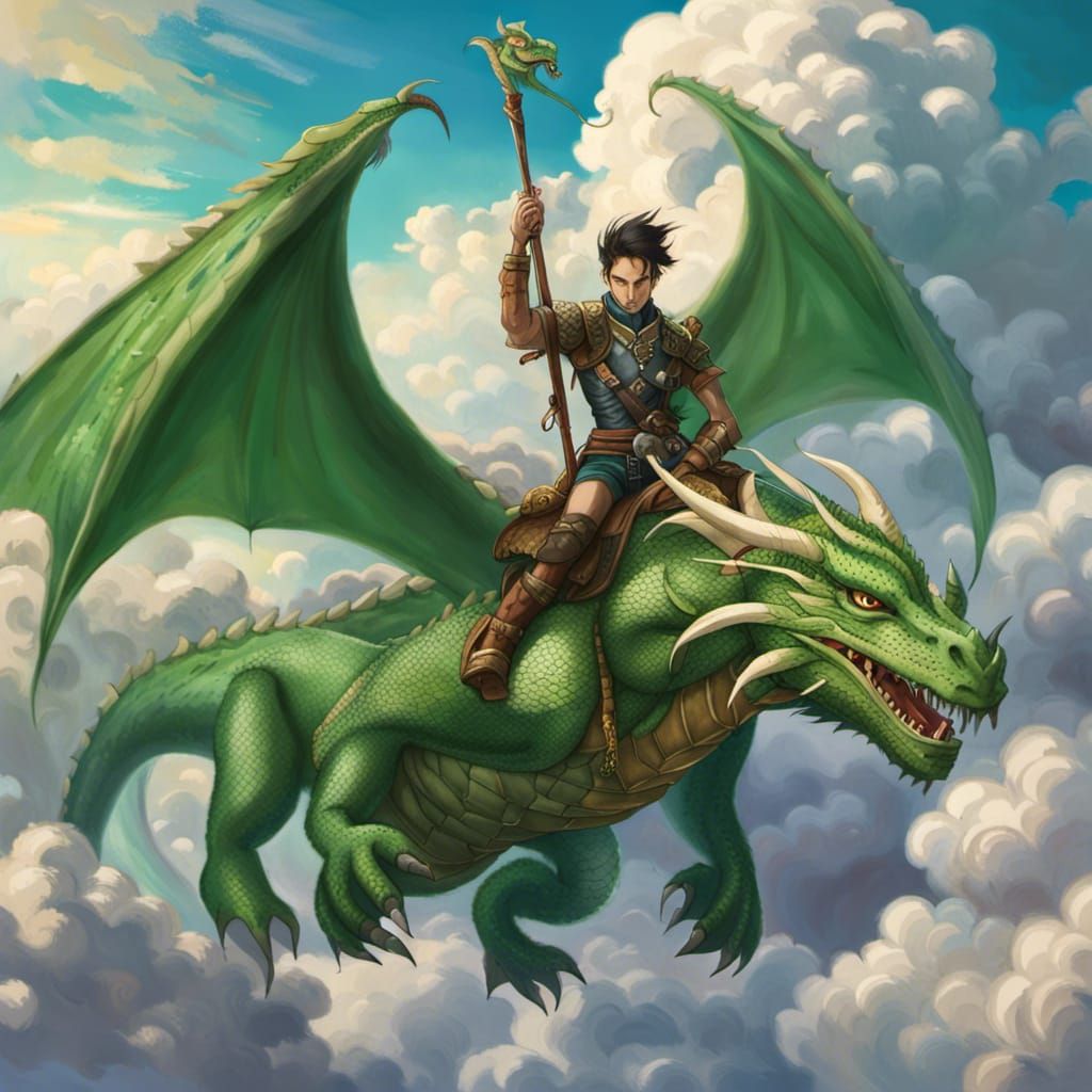 Dragon Rider Soaring Through Cloudy Sky