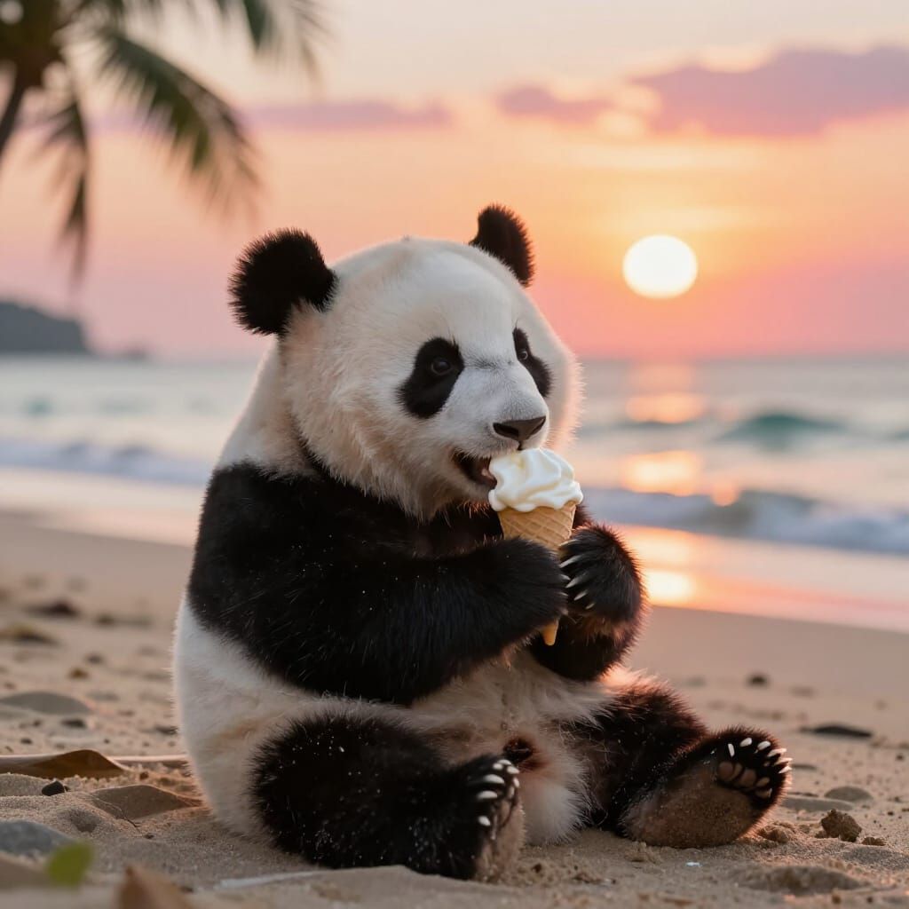 Baby Panda Eats Ice Cream on Beach at Sunset