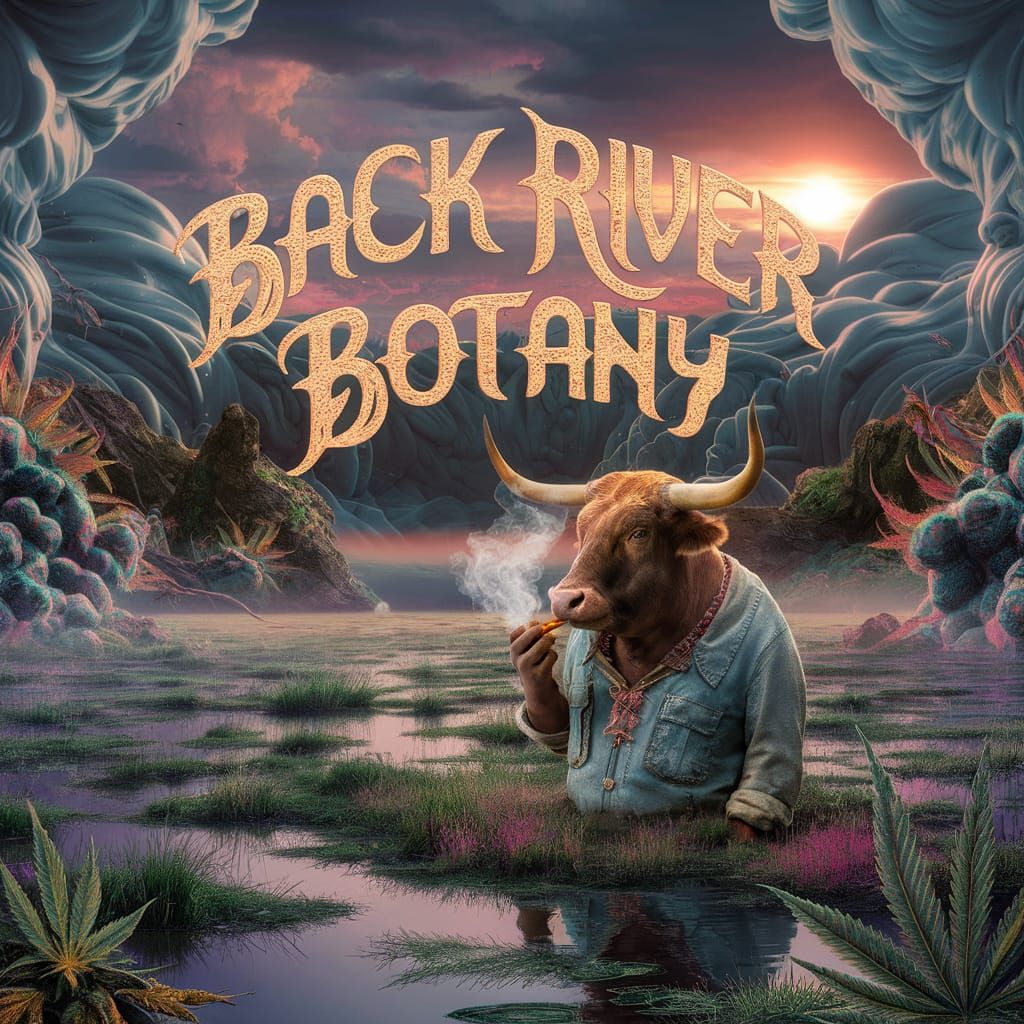 Hippie Bull Smokes Joint in Psychedelic Marsh