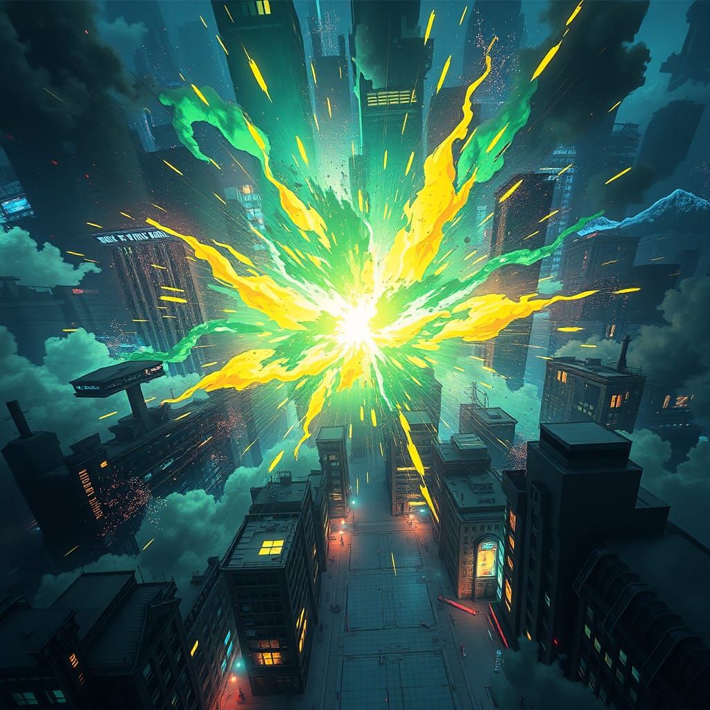Anime-Style Gothic City Erupts in Magical Explosion