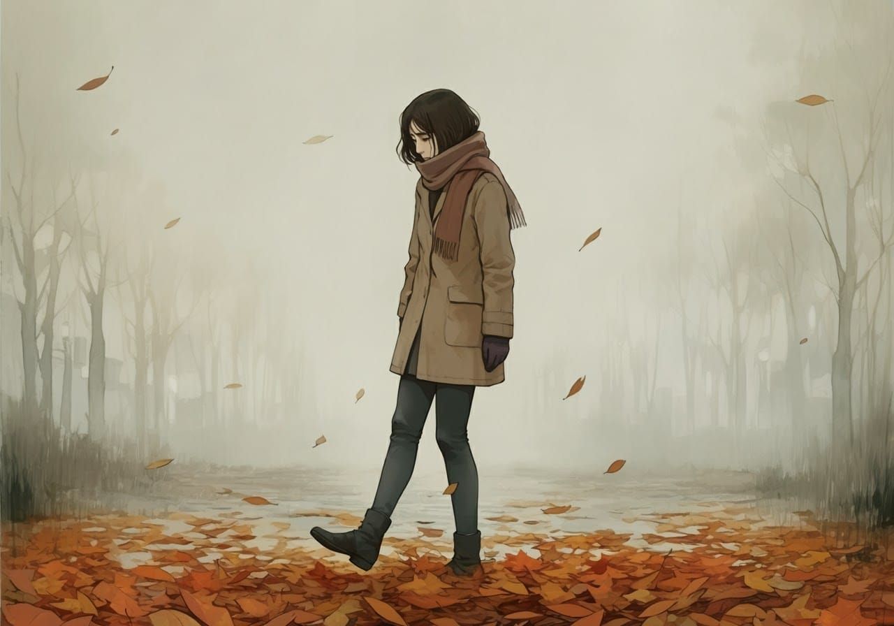 Bereaved Woman in Autumn Landscape: Watercolor Art