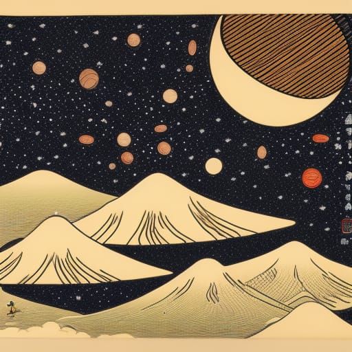 Neo Ukiyo-e Starfield with Planets and Galaxies
