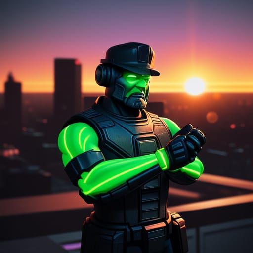 Heroic Action Figure in Neon Cityscape