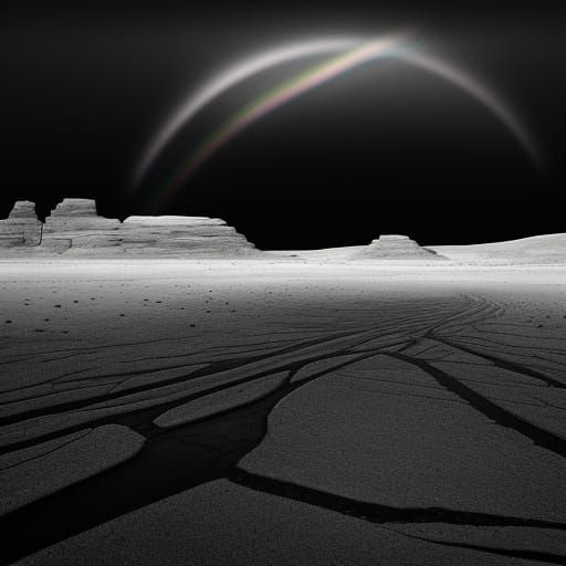 Surreal Black Rainbow Over Desolate Monochrome Landscape