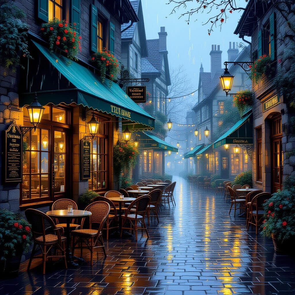 Rainy Café Scene in Ethereal Fantasy Style