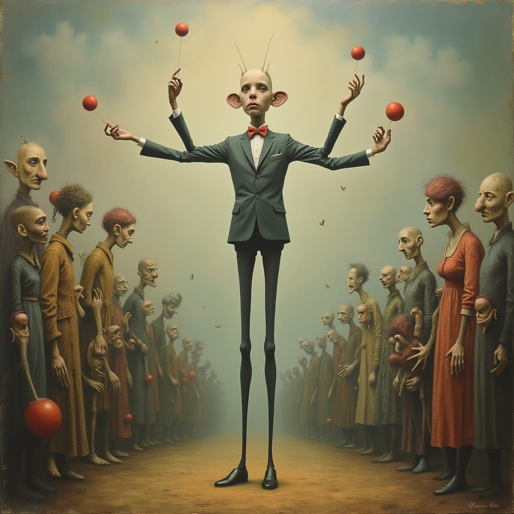 Surreal Juggler in Fantastical Circus Tent