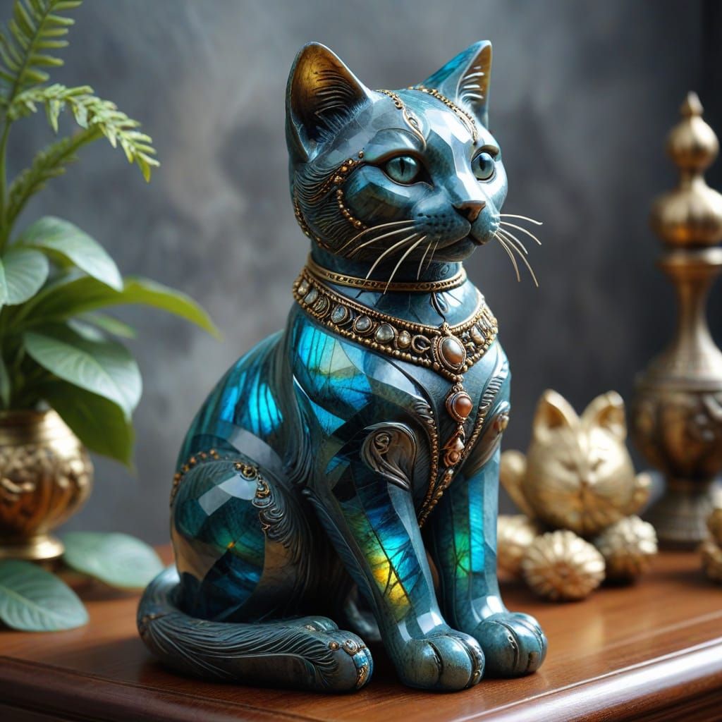 Labradorite Cat Statue in Fantastical Decor