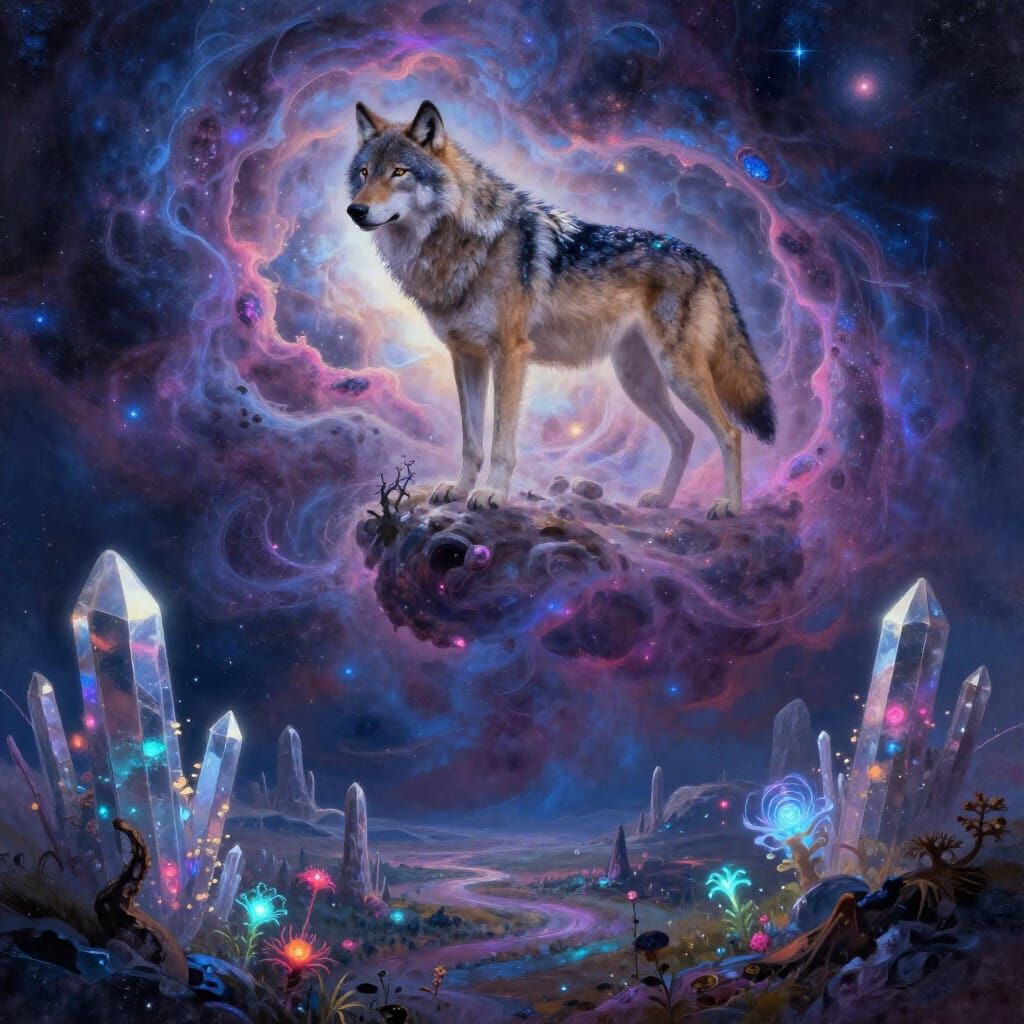 Majestic Wolf in Cosmic Nebula Over Alien Landscape