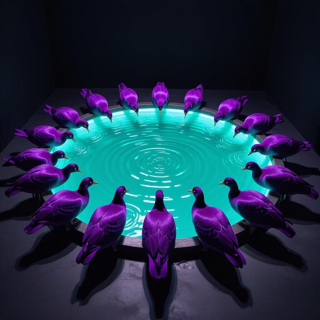 Aerial View of Purple Geese at Neon Teal Water Hole