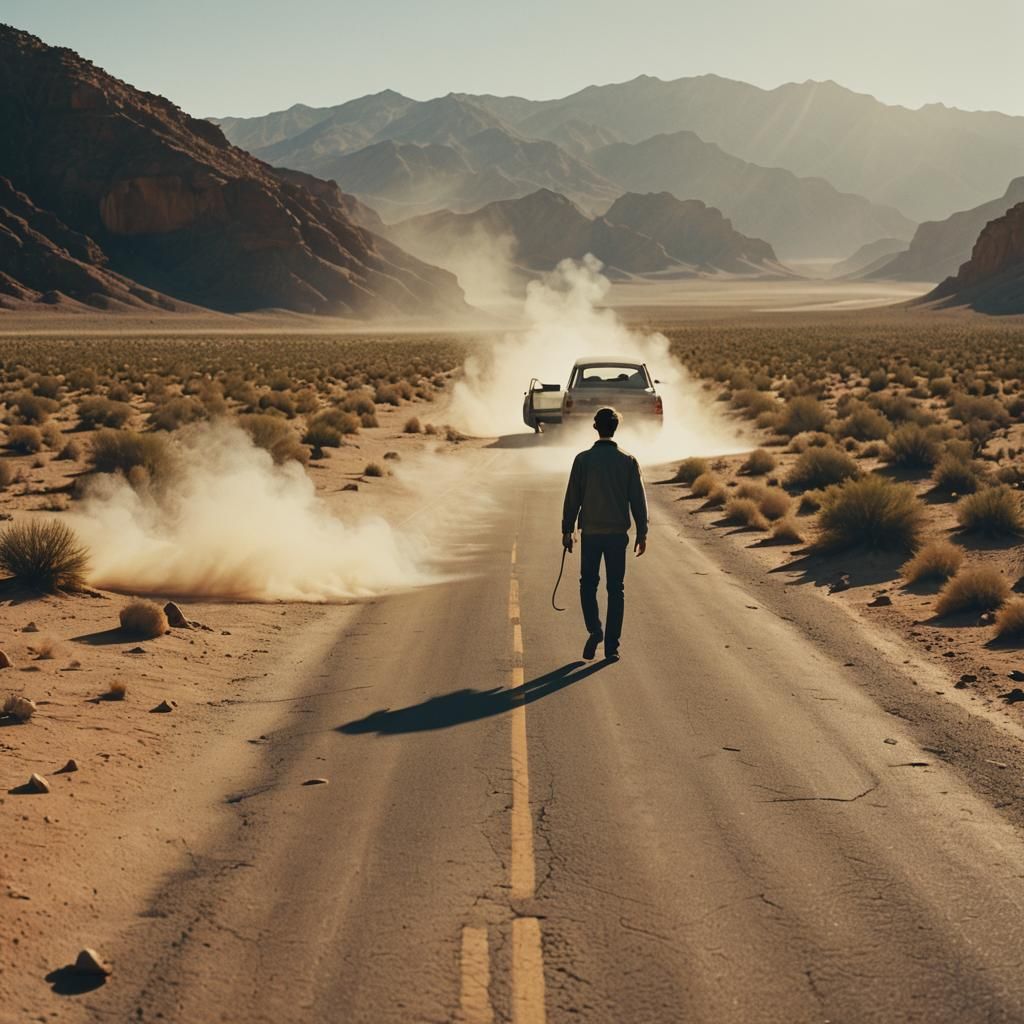 Desert Highway Breakdown: A Cinematic Film Still