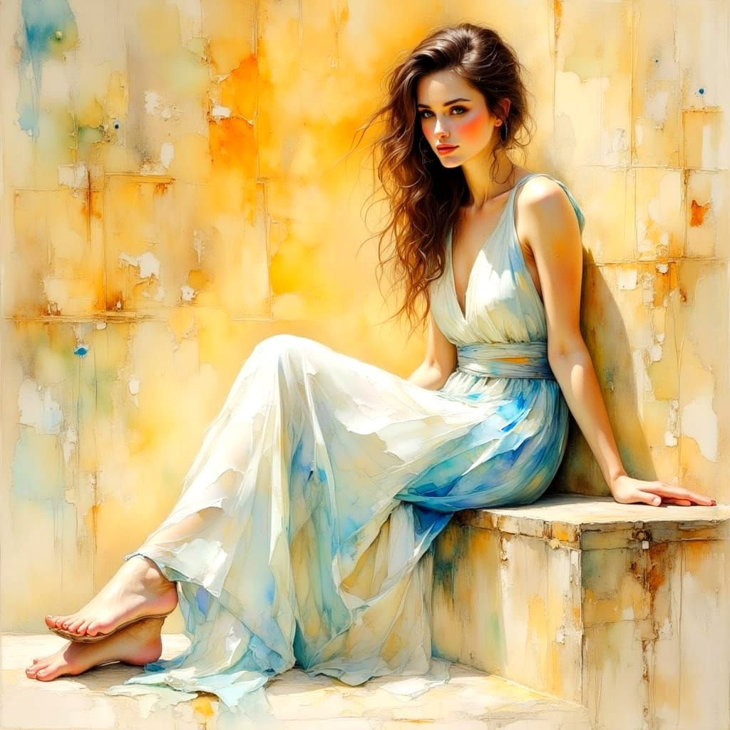 Textured Impasto Oil Painting in White, Blue, and Gold