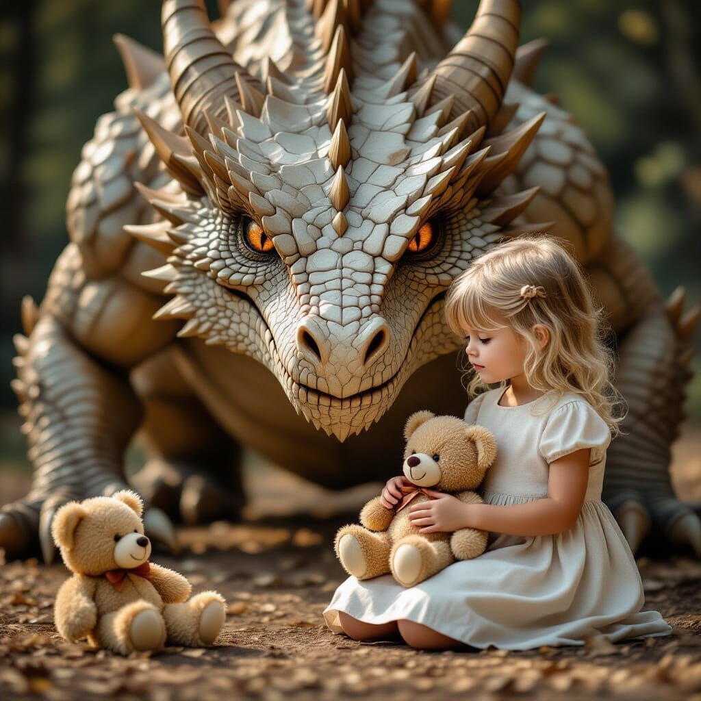 Girl Gazes at Giant Dragon Head with Teddy Bear