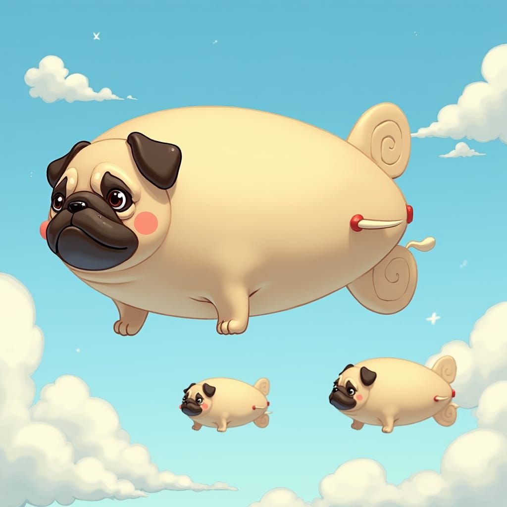 Pug Blimps in Dreamy Watercolor Style