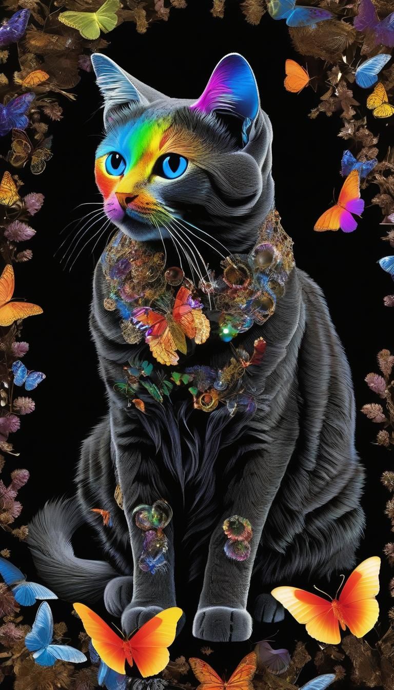 Rainbow Glass Cat Photogram with Butterfly Wings